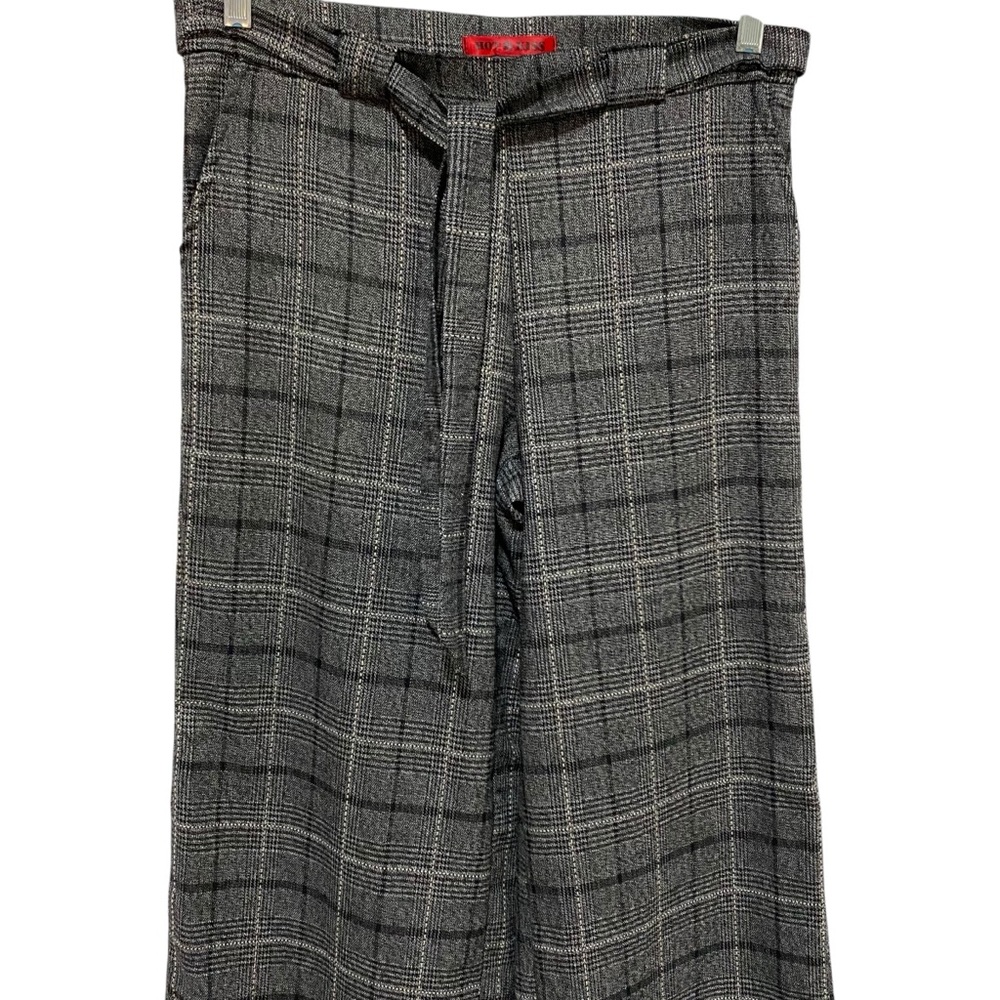 HOT KISS Pants Wide Leg Trousers Black Gray Plaid Size 5 Flat Front Tie Belt - Picture 12 of 17
